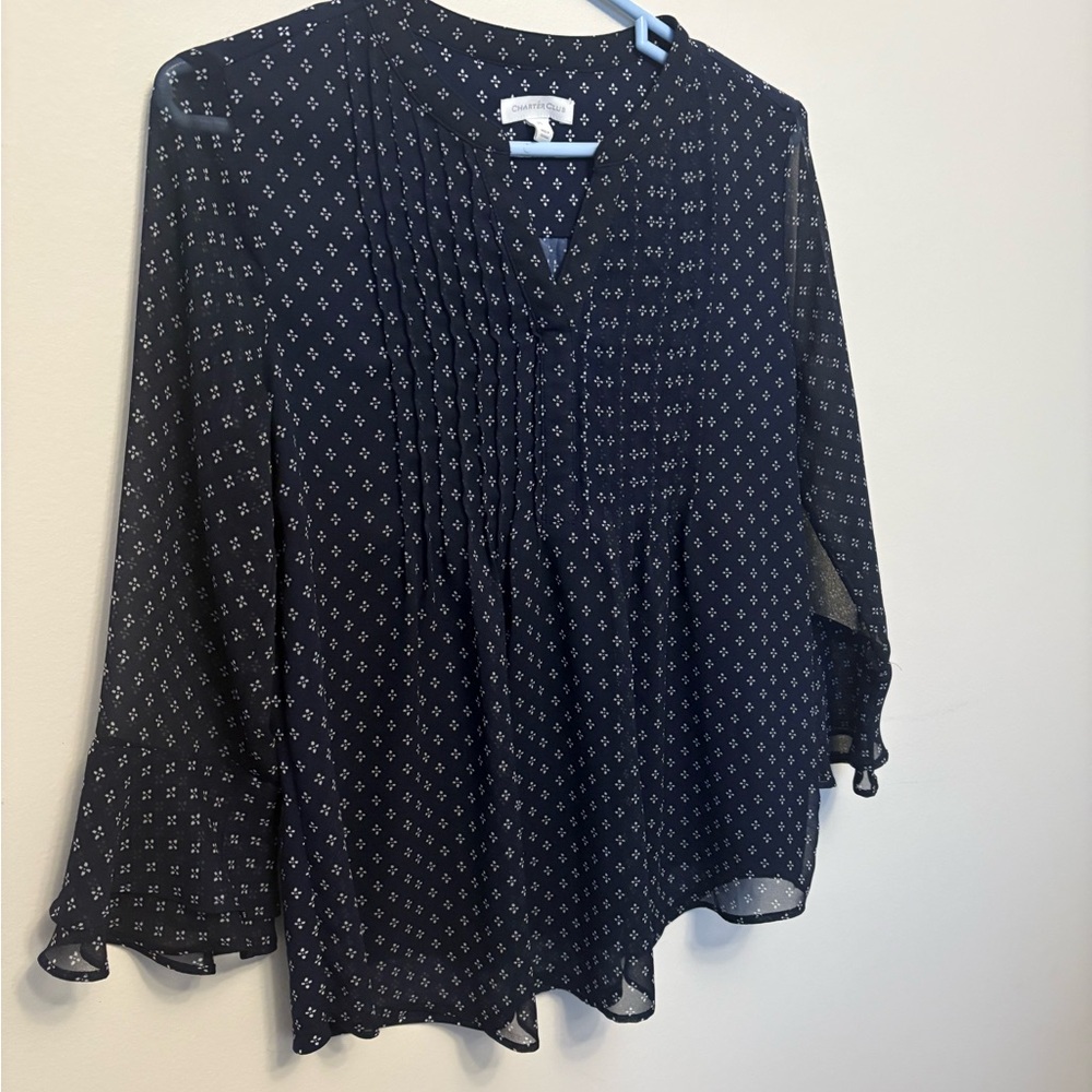 Charter Club Navy and White Patterned Blouse
